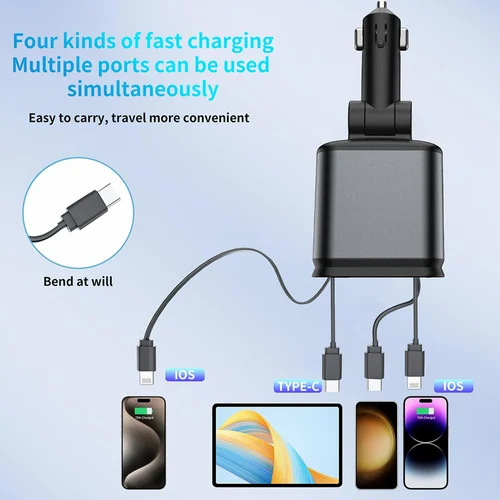 Starlight Retracting Fast Car Charger – 4-in-1 Super Fast Charging with Adjustable Head & Starry Sky Ambient Light