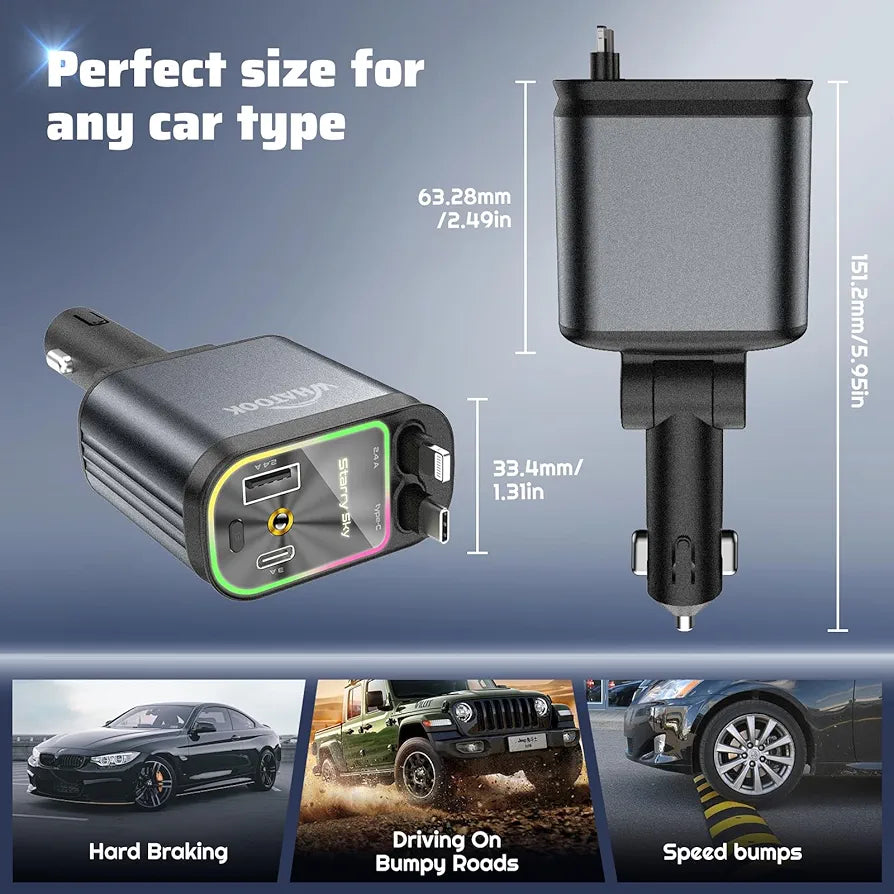 Starlight Retracting Fast Car Charger – 4-in-1 Super Fast Charging with Adjustable Head & Starry Sky Ambient Light
