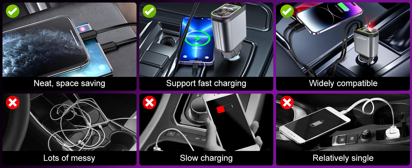 Starlight Retracting Fast Car Charger – 4-in-1 Super Fast Charging with Adjustable Head & Starry Sky Ambient Light