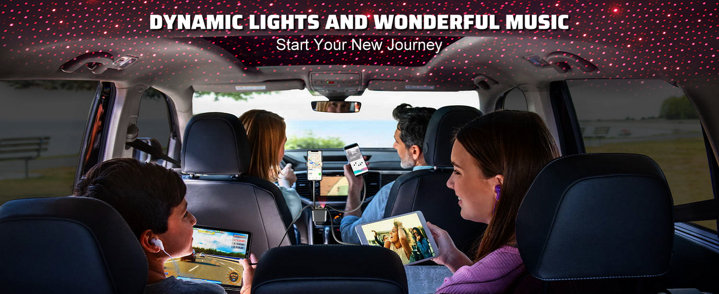 Starlight Retracting Fast Car Charger – 4-in-1 Super Fast Charging with Adjustable Head & Starry Sky Ambient Light