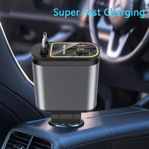 Starlight Retracting Fast Car Charger – 4-in-1 Super Fast Charging with Adjustable Head & Starry Sky Ambient Light